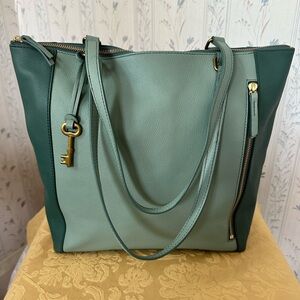 Fossil Green Color Block Leather Tote Bag